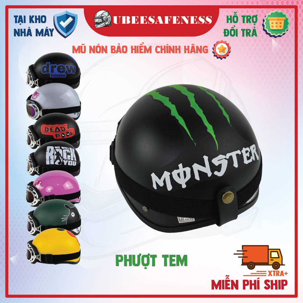Mũ bảo hiểm phượt nửa đầu NON CAMRY thời trang, tem hình thỏ trắng đáng yêu, kèm kính UV, phi công