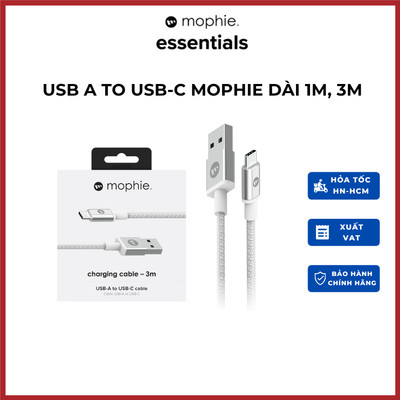 Cáp USB A to USB-C Mophie 1m, 3m cao cấp - Bện nylon chống rối - Hàng chính hãng