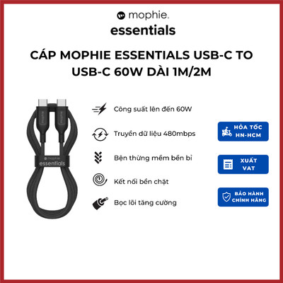 Cáp Mophie Essentials USB-C to USB-C 60W dài 1M/2M-Sạc nhanh- sạc SamSung Android và iP 15series