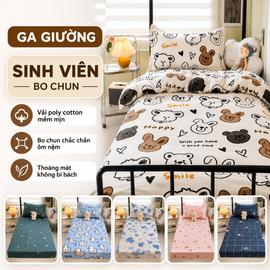 Ga giường ký túc xá, Ga giường sinh viên vải polly cotton 0,9x2m, 1mx2m,1m2x2m chưa kèm vỏ nằm