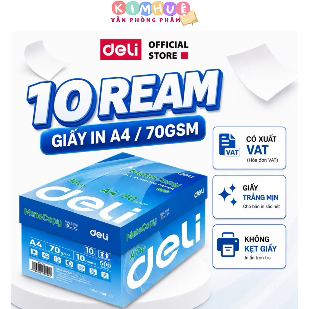 [🔥TRỢ GIÁ] Thùng 10 Ream Giấy A4 Deli Giấy In Photo Copy 70gsm Chính Hãng Loại Dày 500 Tờ/ Ream Chốn