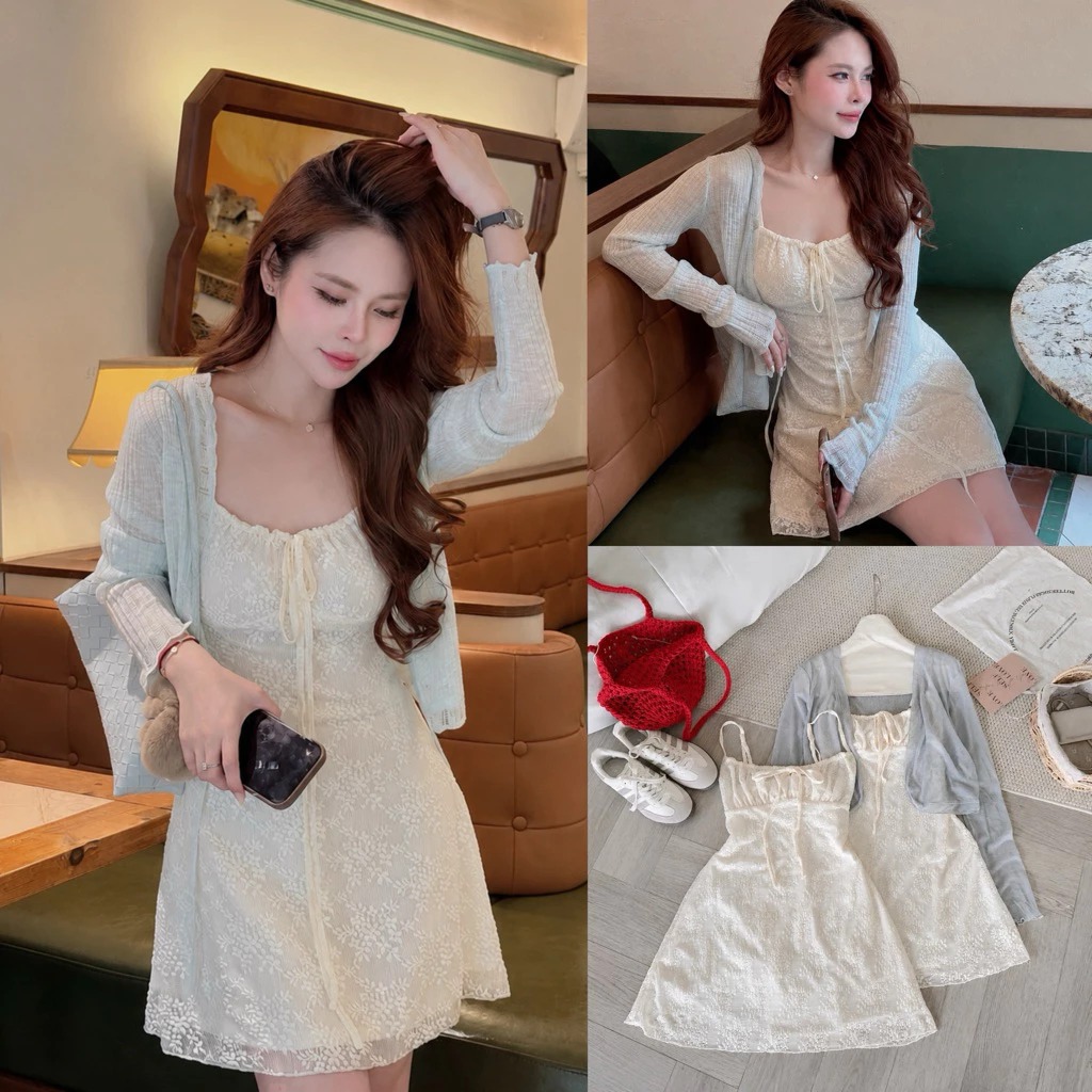 Set váy 2 dây ren xốp hoa nổi mix áo khoác cardigan xanh tiffany tiểu thư A152