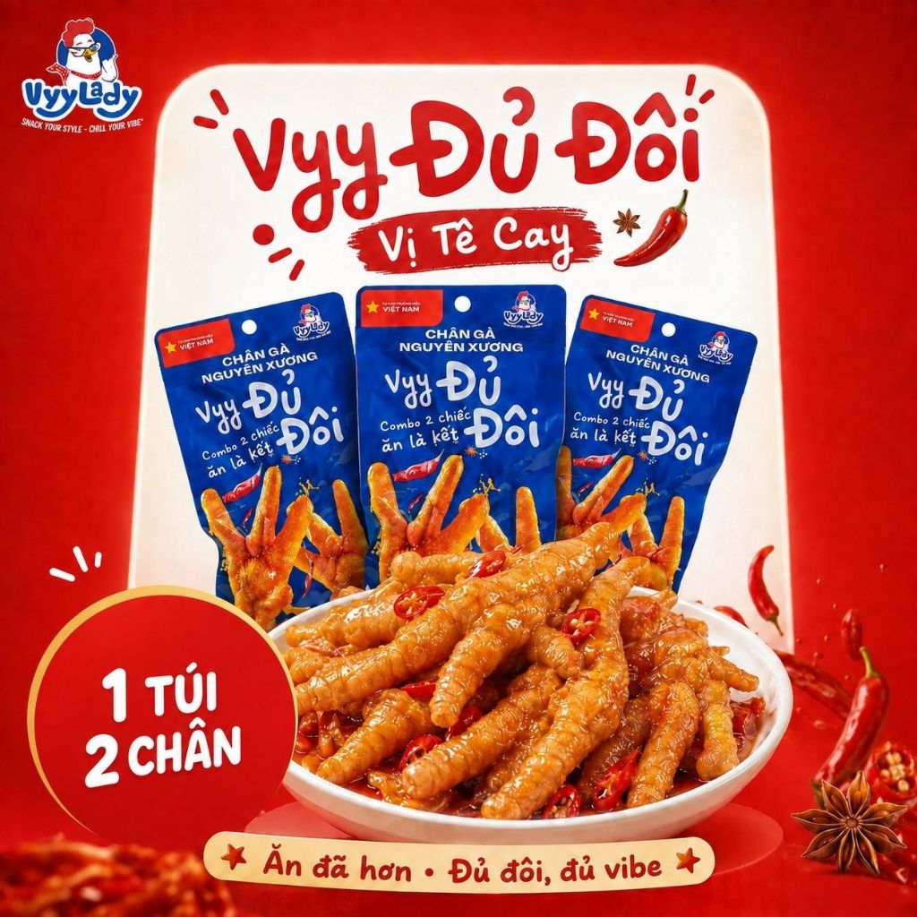 COMBO 15 Gói Chân Gà Nguyên Xương VYY ĐỦ ĐÔI  65G, Vị Tê Cay, 1gói 2 Chiếc, Chân gà Vyy Lady