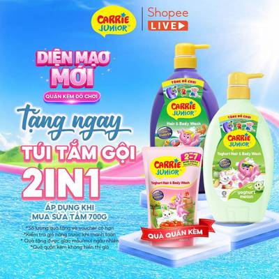 [MUA 1 TẶNG 1] Sữa Tắm Gội Carrie Junior cho bé hương thiên nhiên 700g tặng 1 túi sữa tắm 380gram - live
