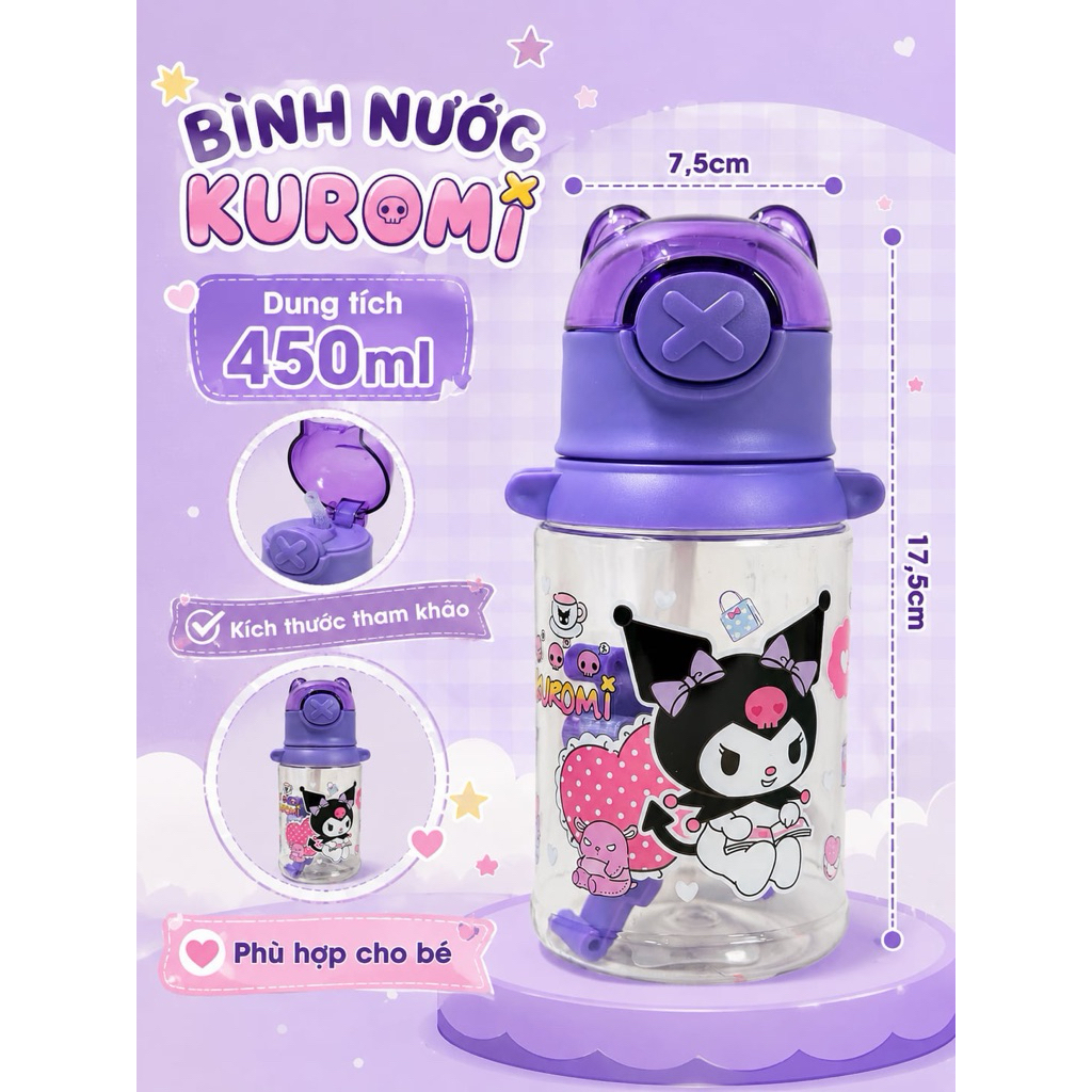 Bình nước nhựa cao cấp Kuromi cho bé | BBKids