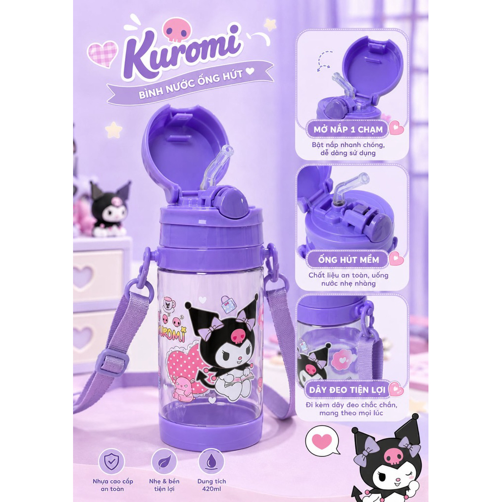 Bình nước nhựa cao cấp Kuromi cho bé | BBKids