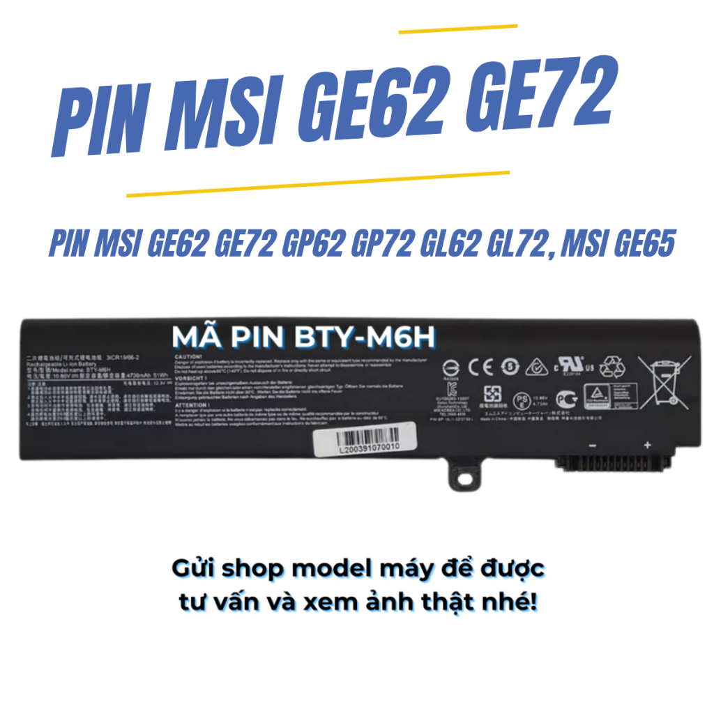 Pin Laptop MSI GE62, GE62VR, GE62VR 6RF, GE63V, GE63VR Mã M6H Pin MSI GE62, GE62VR BẢO HÀNH 6 THÁNG