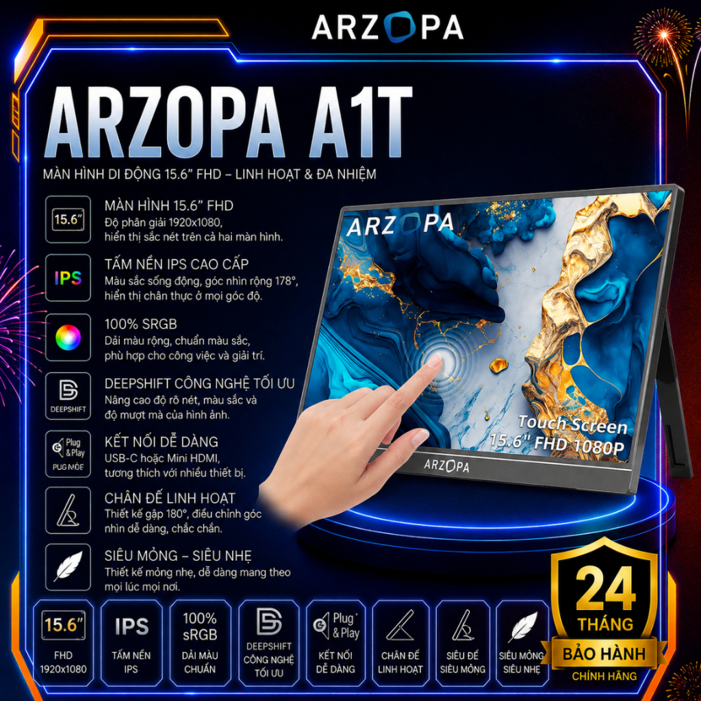 Màn Hình Di Động Cảm Ứng ARZOPA A1T 15.6 Inch – FHD 1080P IPS 60Hz, 350 Nits, USB-C & HDMI, Màn Hình