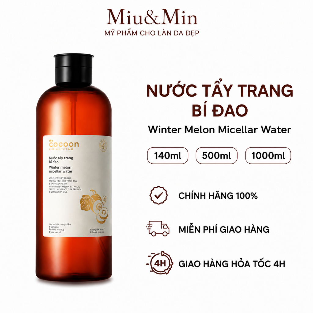 Nước Tẩy Trang Cocoon Bí Đao Cho Da Dầu Mụn Winter Melon Micellar Water 140ml 500ml 1000ml