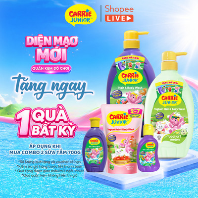 Combo 2 Sữa Tắm Gội thành phần thiên nhiên & sữa chua Sạch Dịu Nhẹ & ẩm mịn Cho Bé Carrie Junior Hương Melon 700g - live