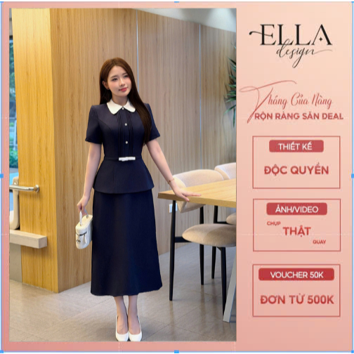 Váy Đầm Thiết Kế Ella Desgin dành cho nữ kiểu dáng váy midi xòe, cổ bèo phối trắng, tay ngắn kèm ble