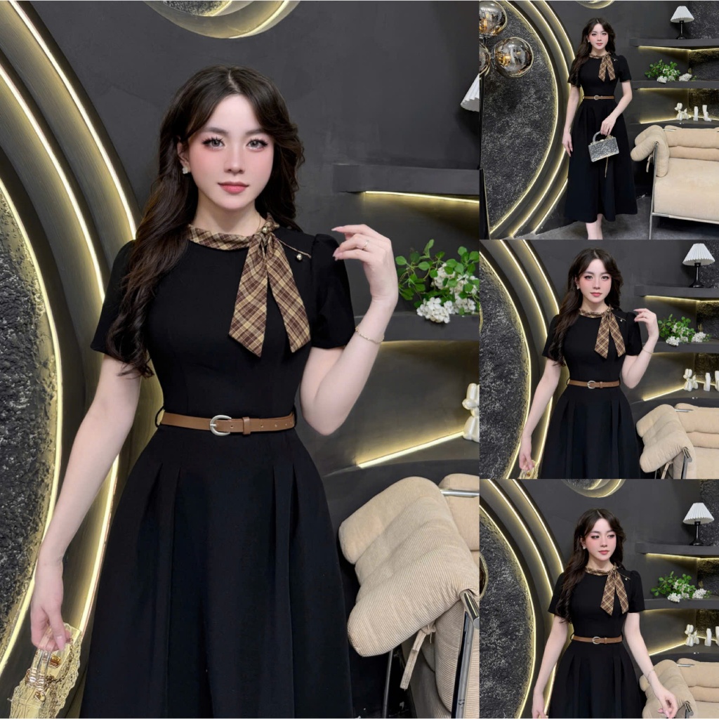2HS149 - Váy Thiết Kế Eviici dành cho nữ,thiết kế cổ trụ nơ liền phối kẻ (tặng kèm đai) dáng A xòe d
