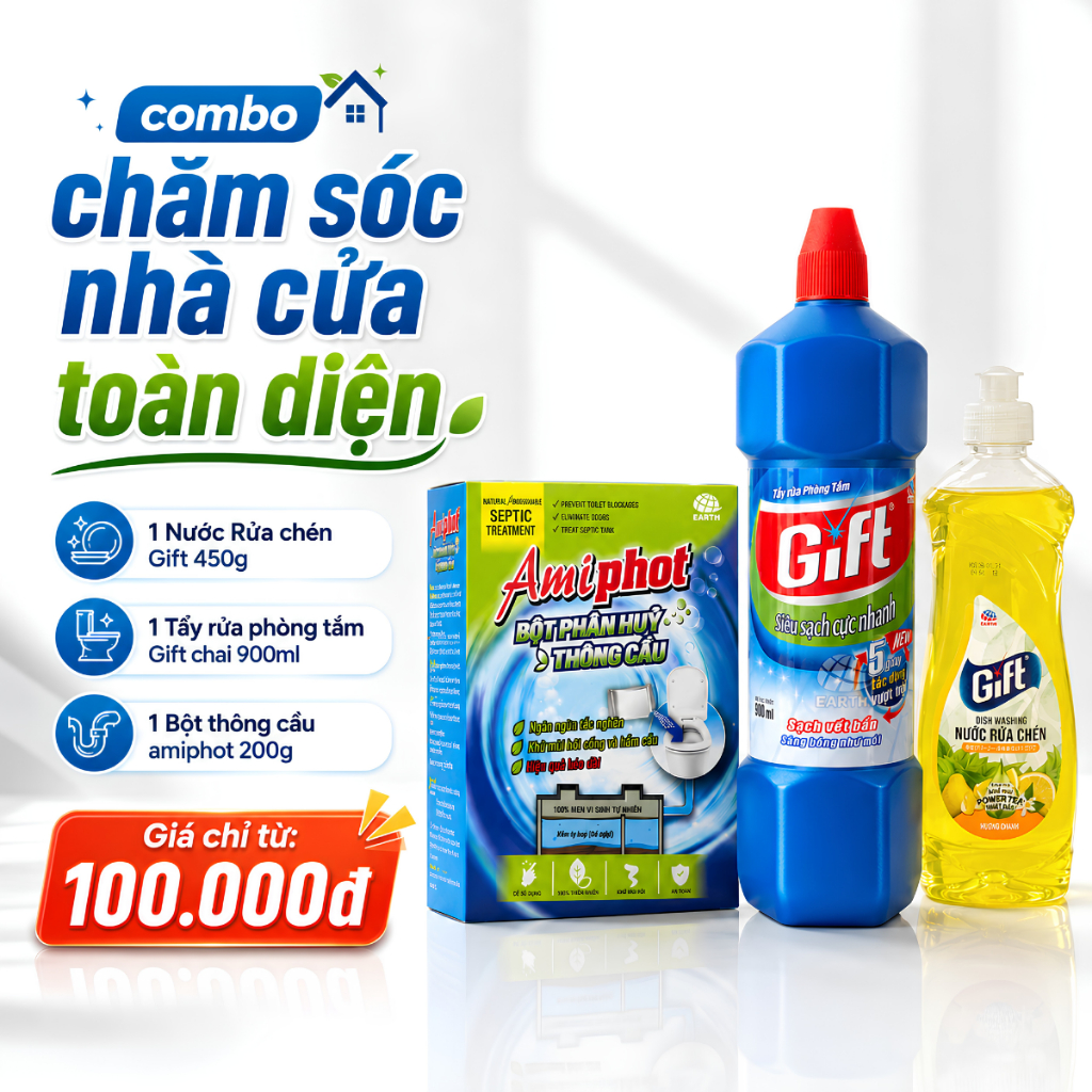 Combo Gift Vệ Sinh Nhà Cửa Nước Rửa Chén Gift 450g, Tẩy Phòng Tắm Gift 900ml, Bột Thông Cầu Amiphot