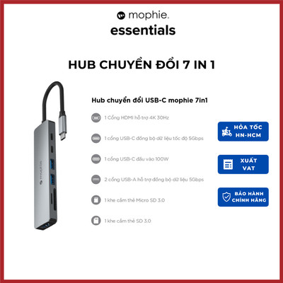 Hub USB type C chuyển đổi 7 cổng kết nối Mophie 7in1- Tiện lợi, đa cổng HDMI,USB-C, USB-A, Micro SD 3.0, SD 3.0