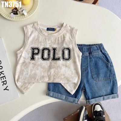Set Bộ Quần Áo Bé Trai Áo Ba Lỗ Sát Nách In Chữ POLO Phối Quần Short Jean Xắn Gấu MINTSCLOSET TN3751