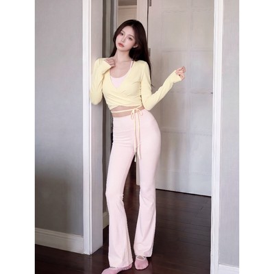 Bộ đồ tập gym, yoga, pilates nữ Fitme áo khoác Glow vàng pastel (không kèm bra), quần legging ống loe Flare hồng pastel