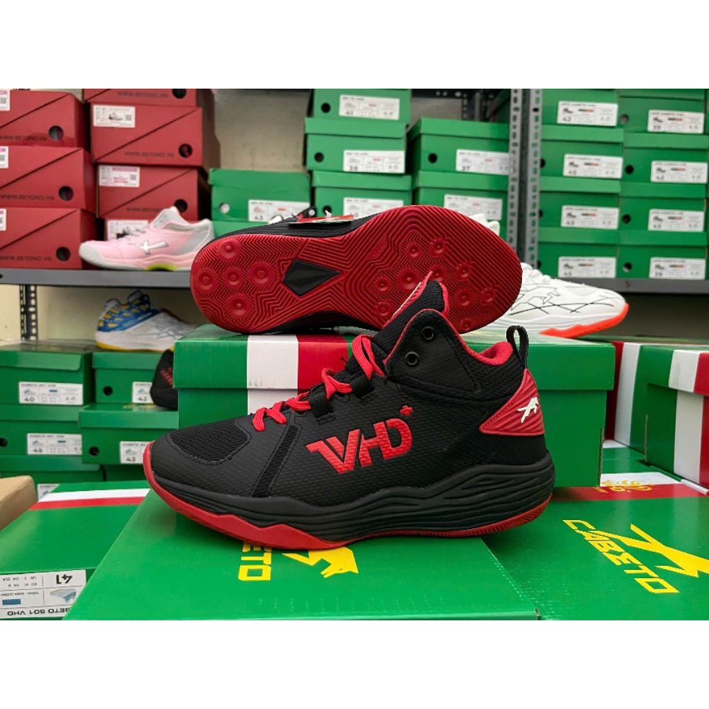 GIÀY BÓNG CHUYỀN VHD CHUKCHI ĐEN ĐỎ F2 (Tặng kèm tất, cặp dây giày thay thế) Cao Su Sneaker Sport