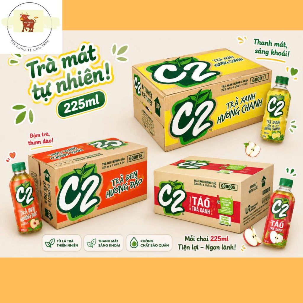 [Siêu Tốc 1H HCM] Thùng 24 chai Trà C2 minhon 225ml hồng trà đào C2, trà xanh chanh C2, trà xanh hươ