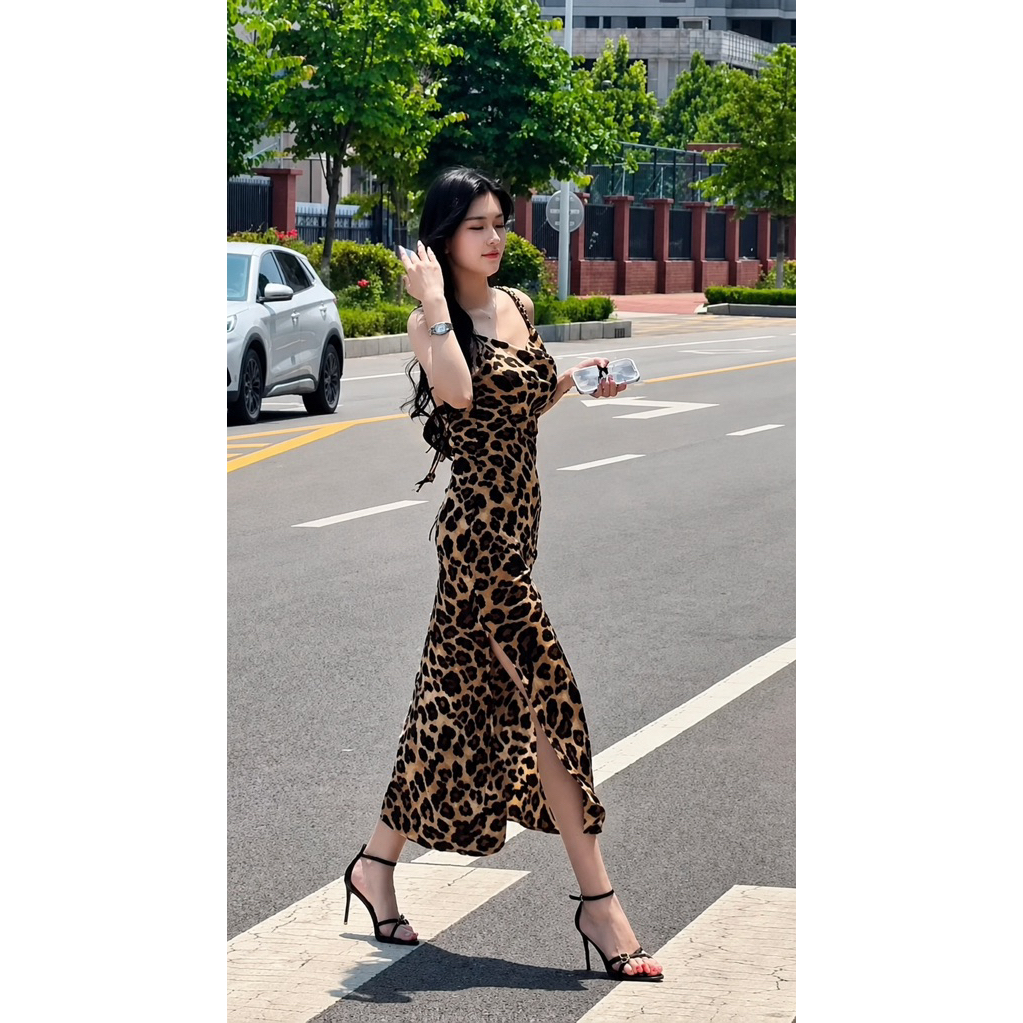 Đầm Maxi Nữ 2 Dây Họa Tiết Da Báo Dáng Ôm Xẻ Tà Dài Sang Chảnh Thời Trang Nữ