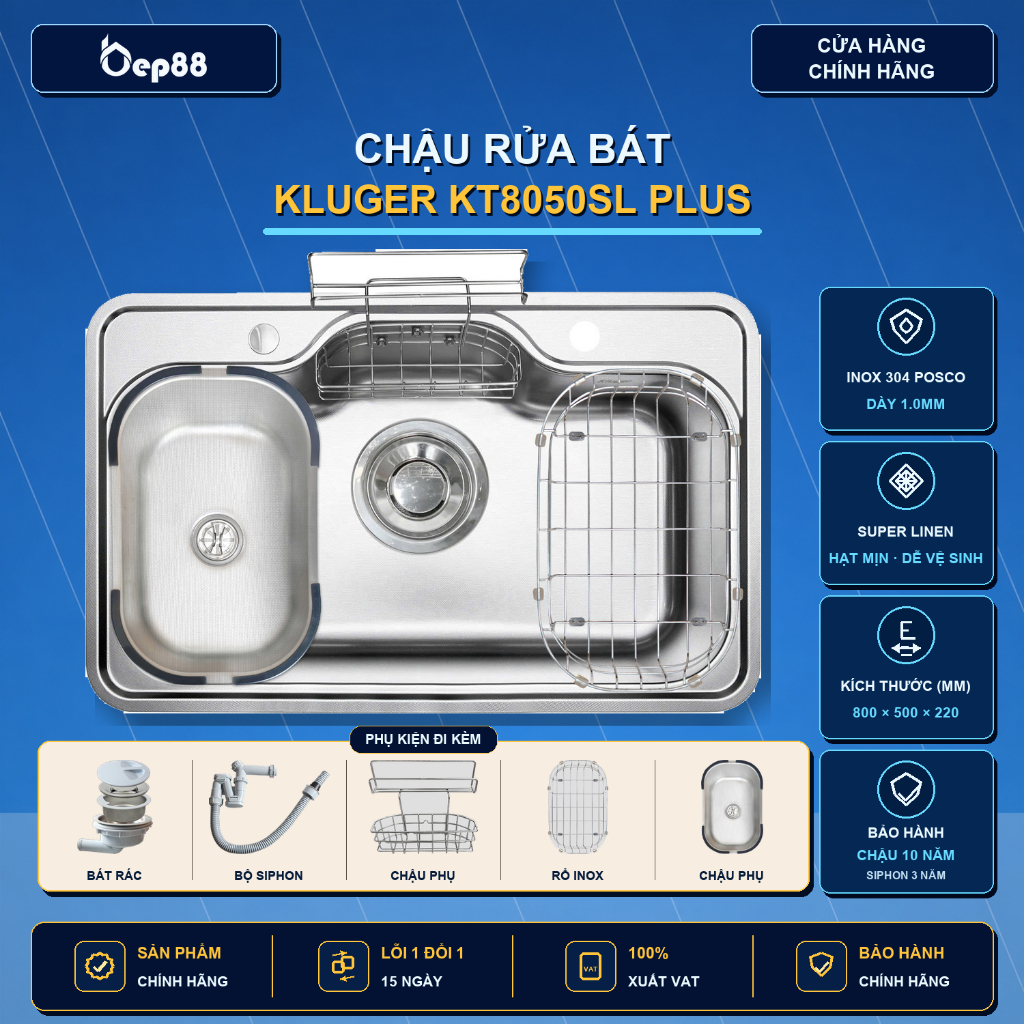 Chậu rửa bát 1 hố kiểu Nhật Kluger KT8050SL PLUS