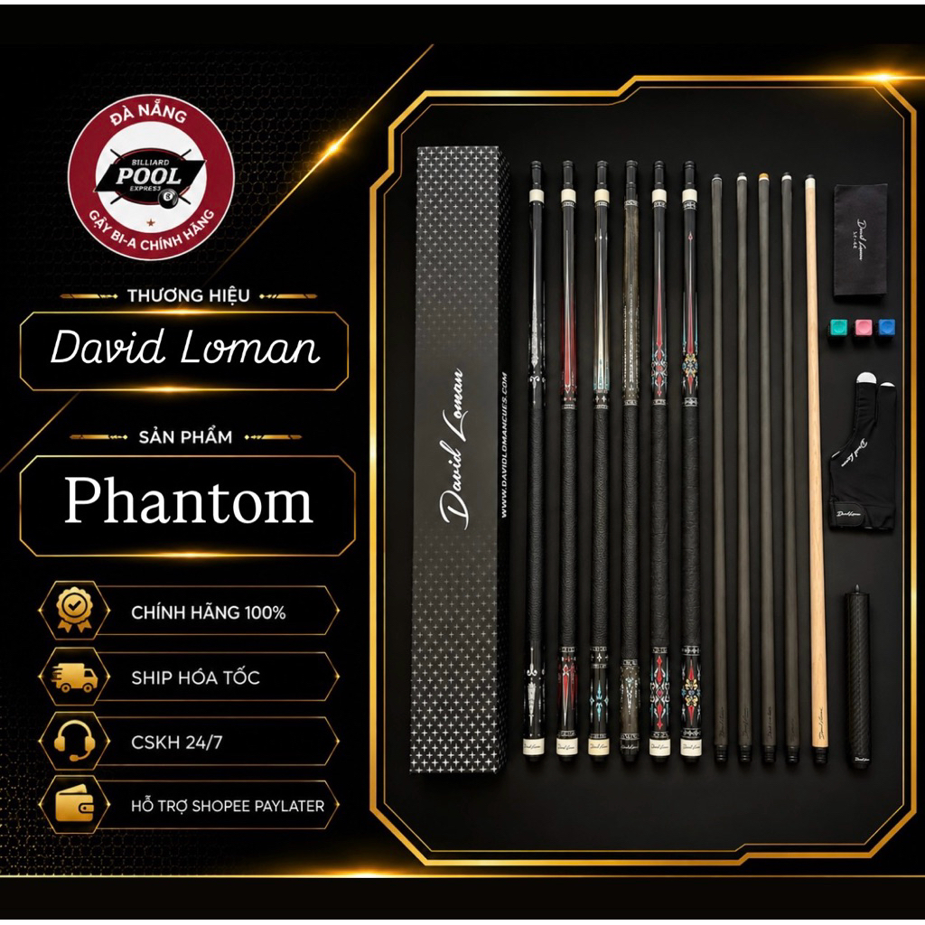 Gậy bida David Loman Phantom (Chính hãng) kèm option ngọn Classic/Skyline/Ultra/Pro BlackTech