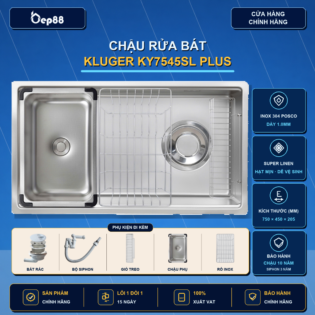 Chậu rửa bát Kluger KY7545SL  S75 Plus | KT: 750 x 450MM | Hàng chính hãng