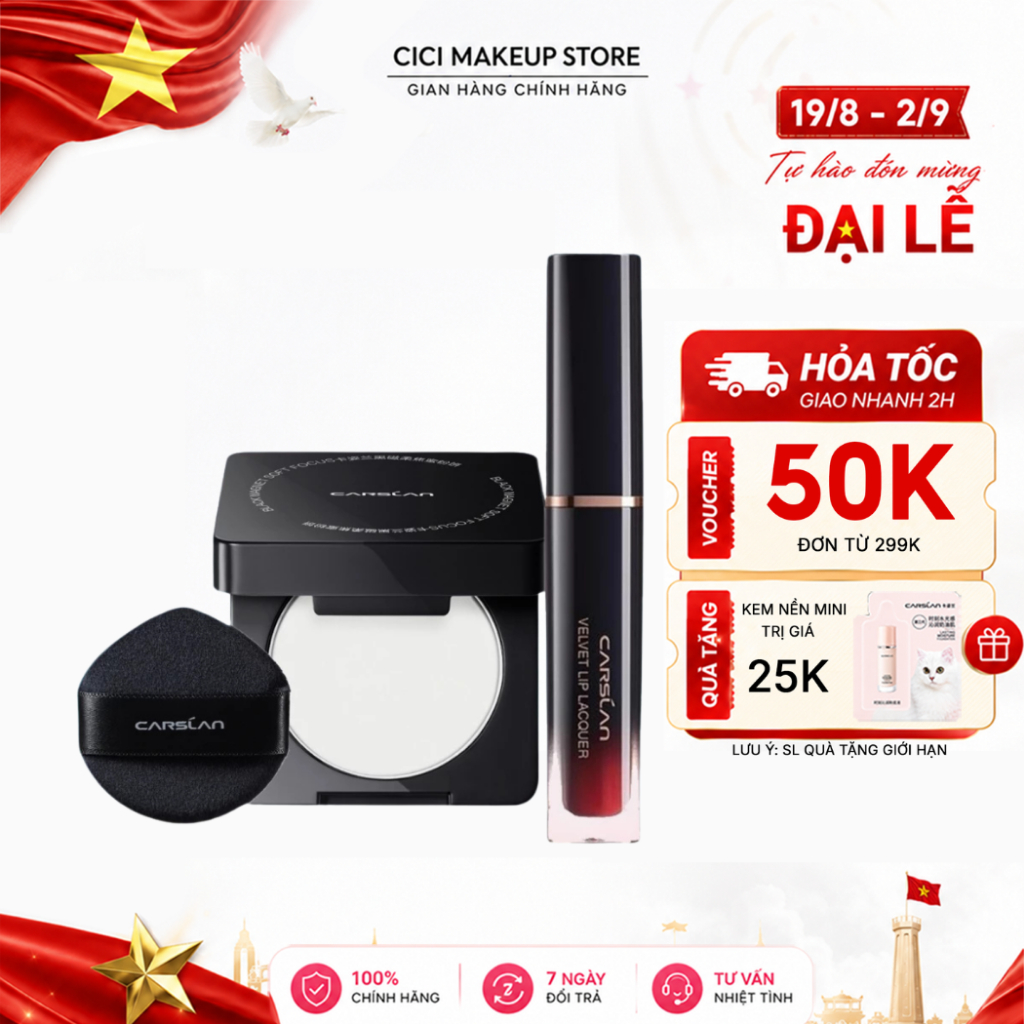 Combo Phấn Nén Carslan Mini Trong Suốt và Son Kem Carslan Mini Kiềm Dầu Nhỏ Gọn Tiện Lợi