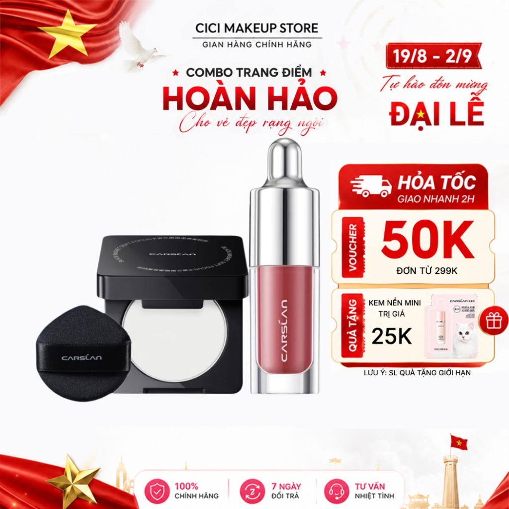 Combo Phấn Nén Mini Carslan Chính Hãng + Son Mini Carslan – Kiềm Dầu, Lâu Trôi, Màu Son Lên Chuẩn