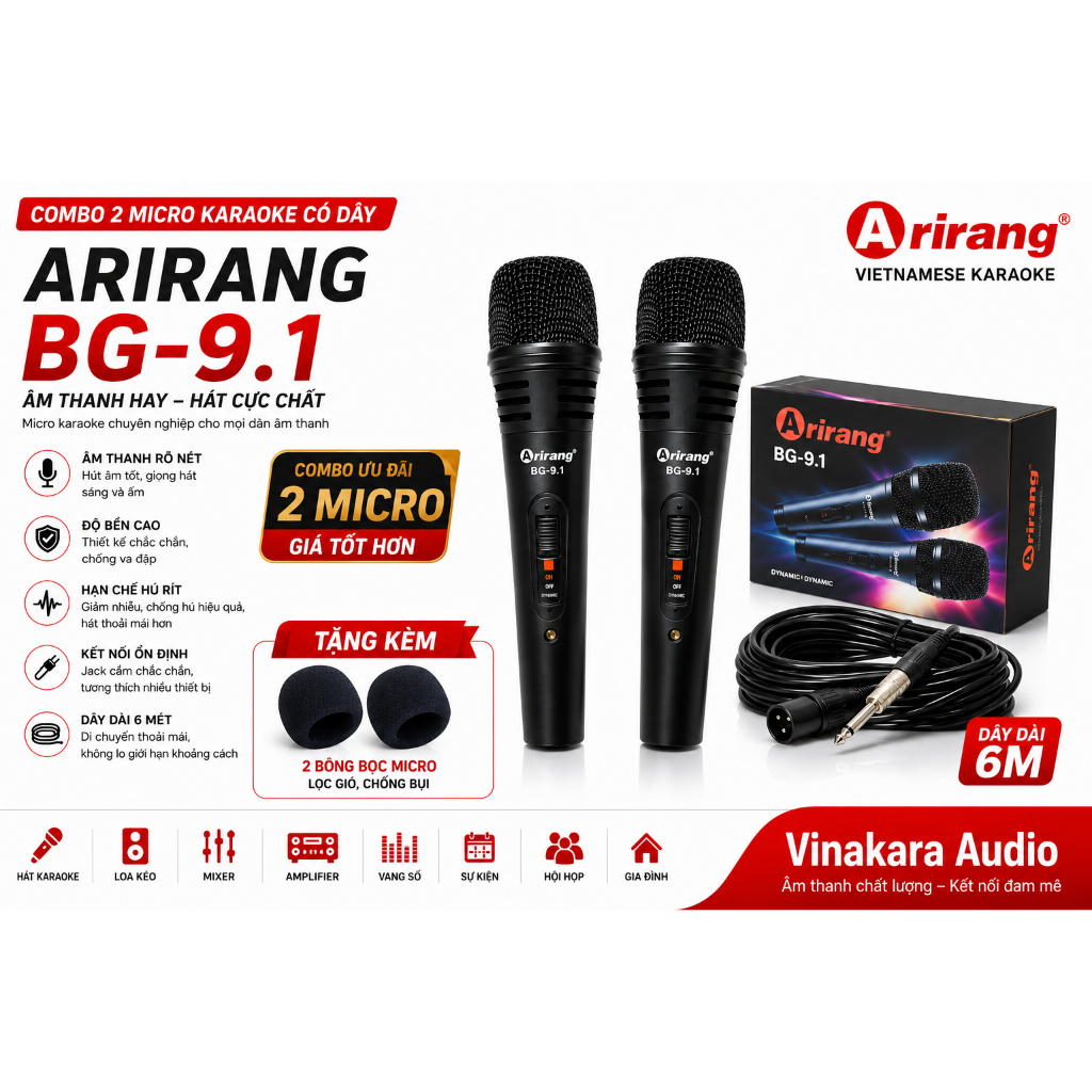 Micro karaoke có dây Arirang BG - 9.1 (Micro kim loại)- Chất Âm Hay, Bền Bỉ, Giá Tốt