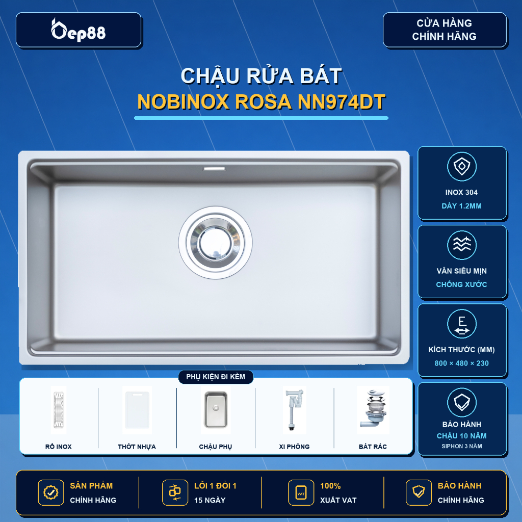 CHẬU RỬA BÁT 1 HỐ NOBINOX ROSA NN974DT | Hàng chính hãng