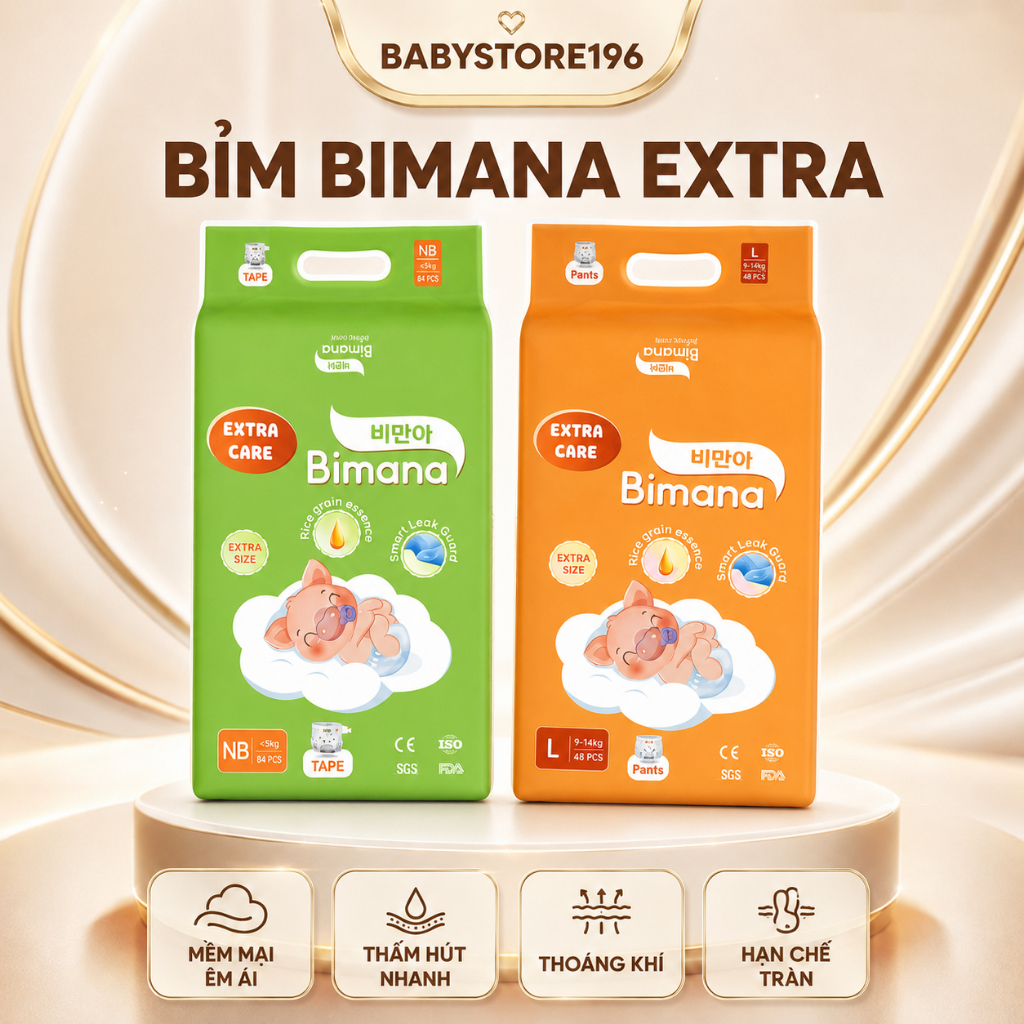 Tã/Bỉm Dán/Quần BIMANA EXTRA CARE HÀN QUỐC Thấm Hút Tốt, Đủ Size NB68 - 4XL42