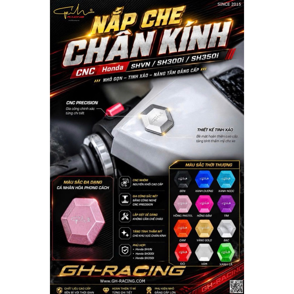 [SHi, SH350i] Nắp che kính CNC GH-Racing dùng cho xe SH125/150/160 2020-2026/SH350i nhiều màu sắc - 
