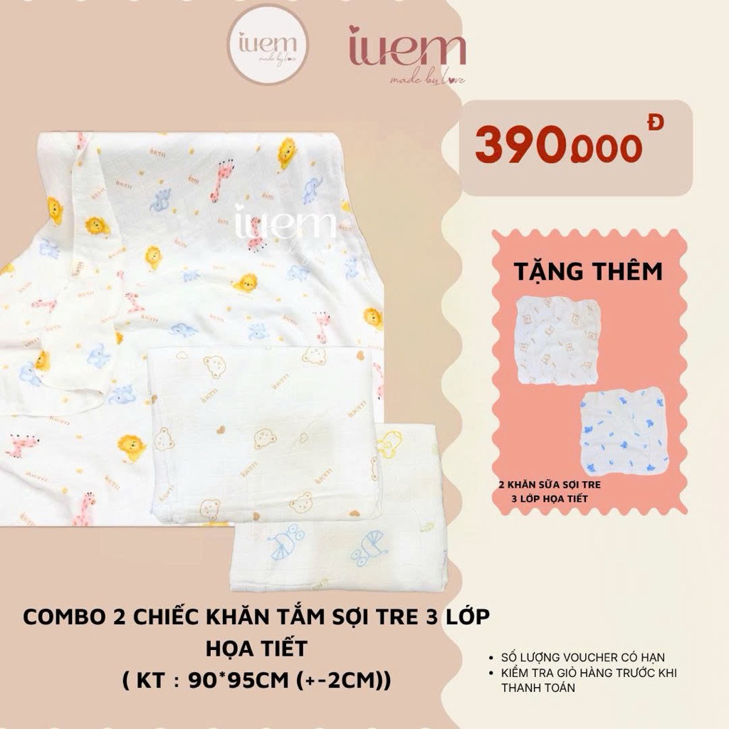 iuem (tặng thêm 2 cái khăn sữa 3 lớp) Combo 2 CHIẾC KHĂN TẮM SỢI TRE BAMBOO HOẠ TIẾT 3 LỚP, kt 90*95