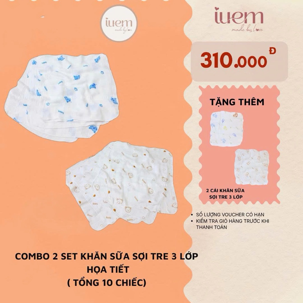 iuem (tặng 2 chiếc khăn sữa 3 lớp) Combo 2 set khăn sữa sợi tre BAMBOO HOẠ TIẾT 3 LỚP (TỔNG 10 CÁI +