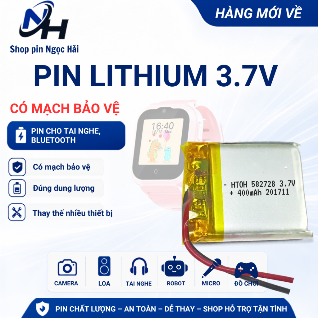 Pin đồng hồ định vị trẻ em 3.7V 400mAh 582728 LITHIUM-POLYMER