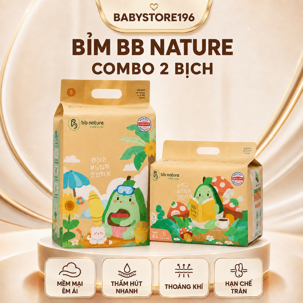(Combo 2 bịch) Tã Bỉm Quần Dán BB Nature Care Plus Hàn Quốc, Mềm Mại, Mỏng Nhẹ đủ size NB/S/M//L/XLX