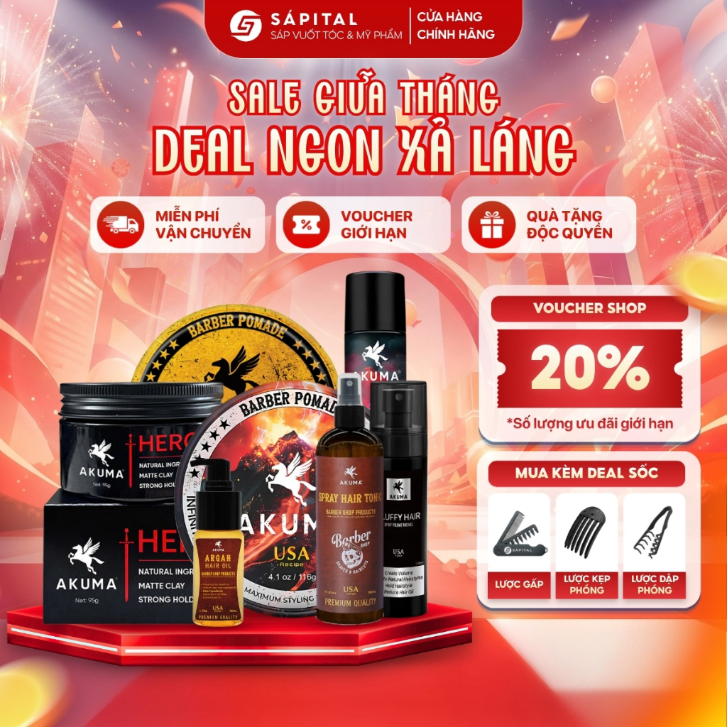 FULL LINE AKUMA - Sáp Infinity Clay, Sáp Gôm Hero, Xịt bồng bềnh Fluffy, Dưỡng argan, Máy sấy X7