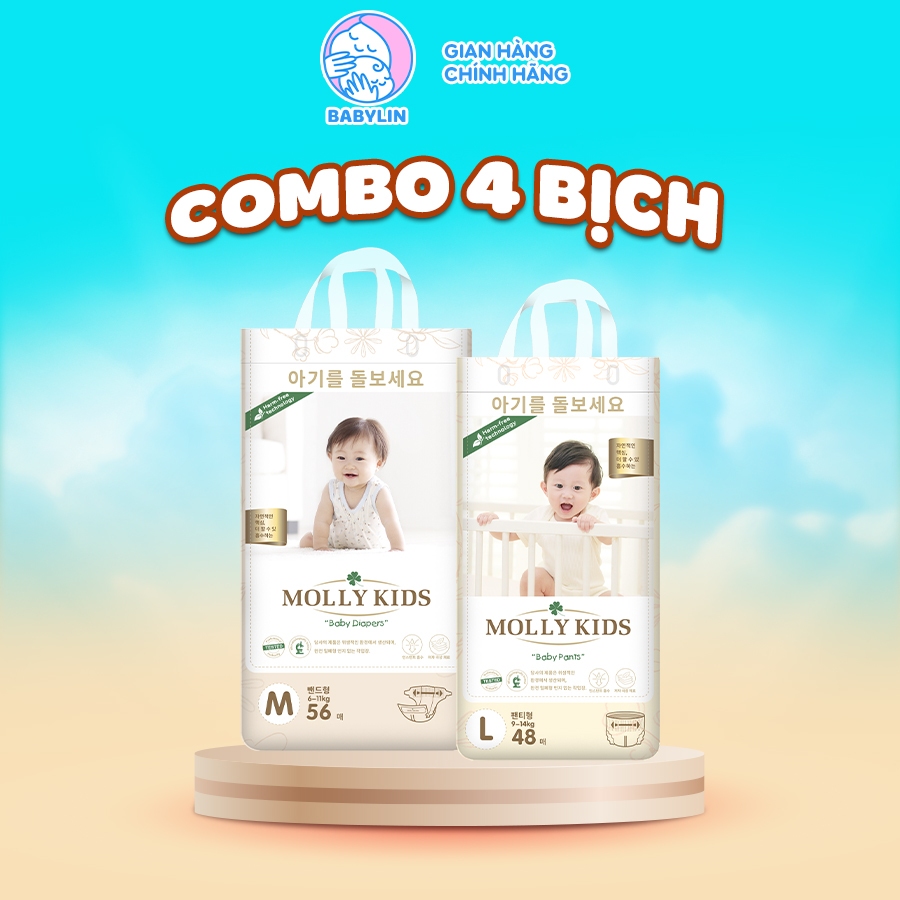 [COMBO 4 BỊCH MOLLY KIDS CÓ MIX SIZE] Tã Bỉm MOLLY KIDS  Thấm Hút Tốt, Chống Hăm, Chống Tràn Full Si