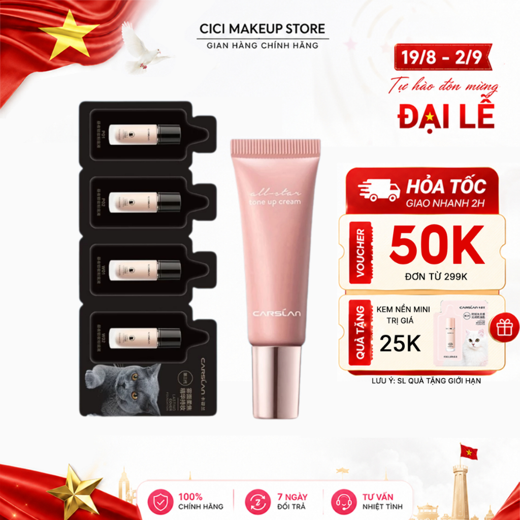 Combo Kem Nâng Tông Mini CARSLAN 5g +Kem Nền CARSLAN 4g Dưỡng Ẩm Sáng Da, Kiềm Dầu Tự Nhiên Lâu Trôi