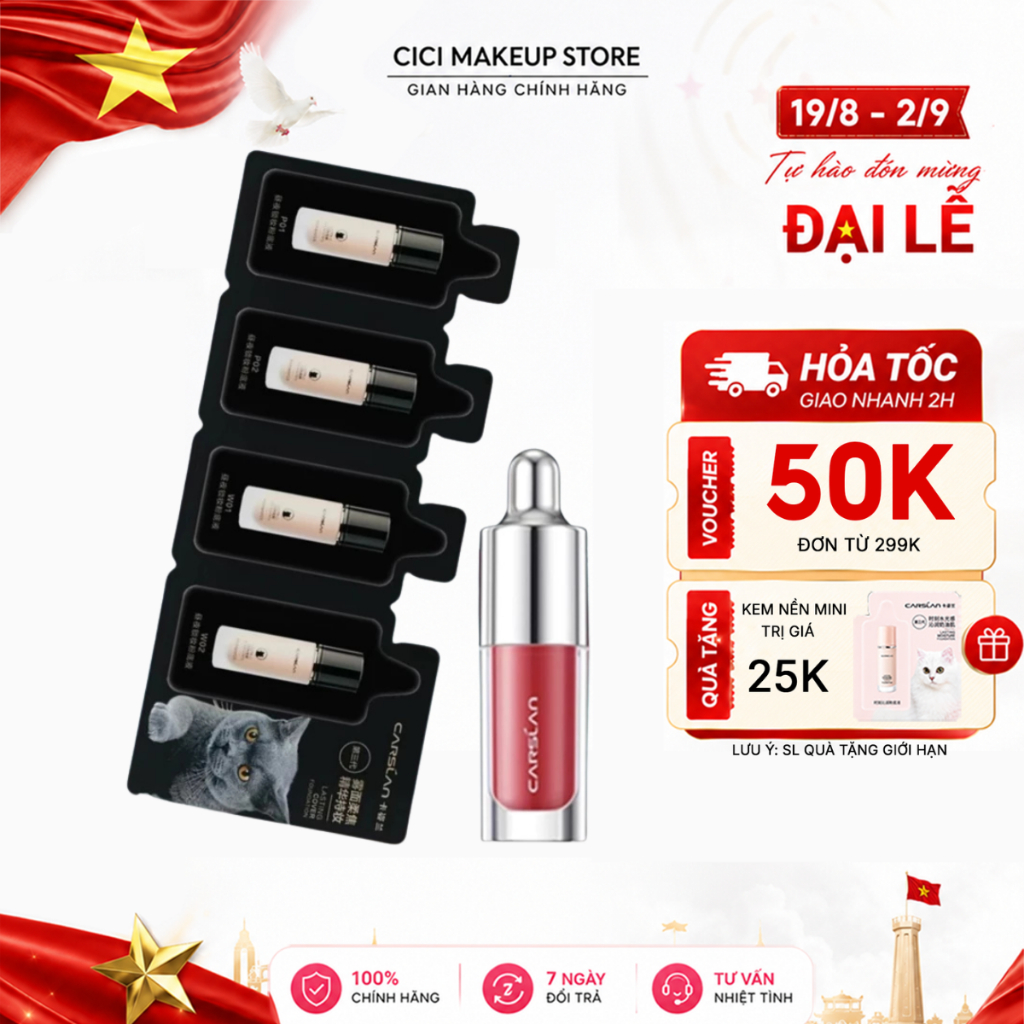 Combo Kem Nền Mini Carslan Chính Hãng + Son Mini Carslan–Che Khuyết Điểm, Lâu Trôi,Màu Son Lên Chuẩn