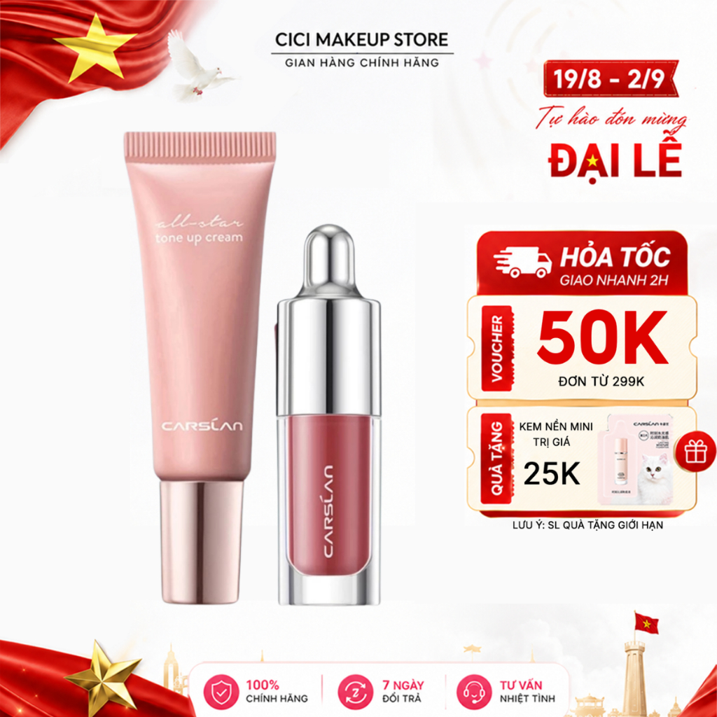 Combo Kem Nâng Tông Carslan Chính Hãng+Son Mini Carslan– Sáng Da,Dưỡng Ẩm,Lâu Trôi,Màu Son Lên Chuẩn