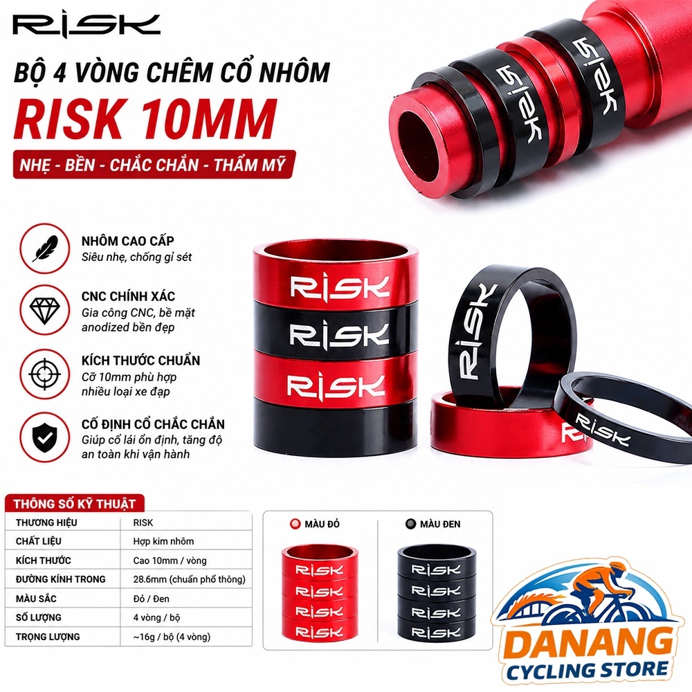 Bộ 4 Vòng Chêm Cổ Nhôm Xe Đạp RISK 10mm – Spacer Cổ Phuộc 1-1/8 Inch