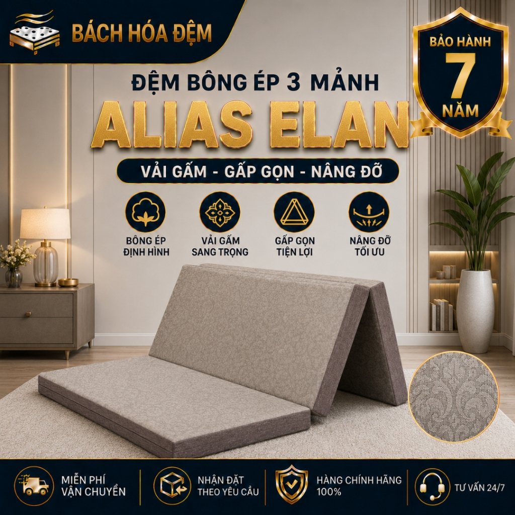 Đệm bông ép alias elan vỏ áo gấm không chần