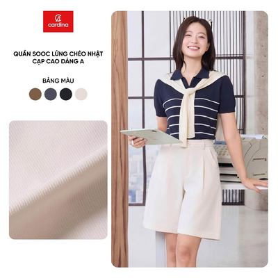 Quần sooc lửng nữ CARDINA chất liệu chéo nhật dáng A cạp cao 6QLT06
