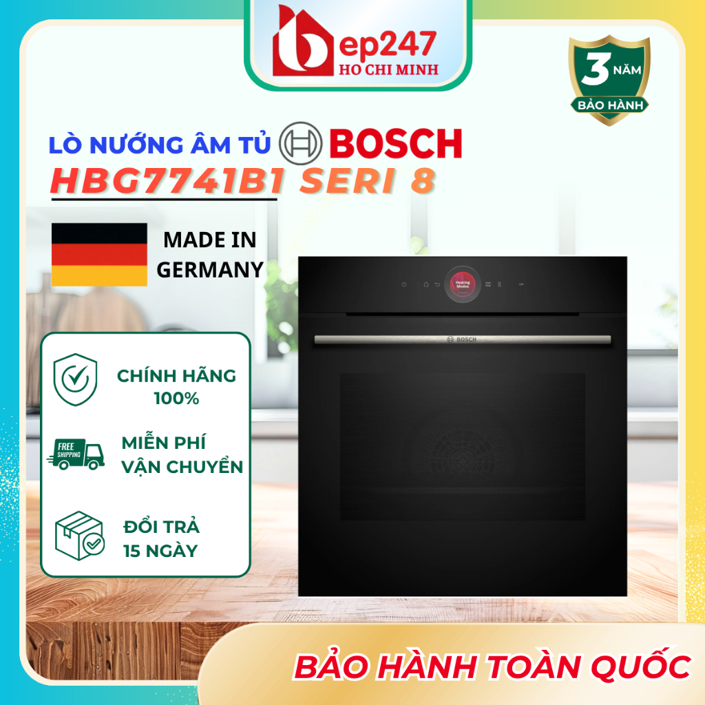 Lò Nướng Âm Tủ Bosch HBG7741B1 Series 8 Dung Tích 71L - Tự Làm Sạch Pyrolytic, Kết Nối Home Connect 