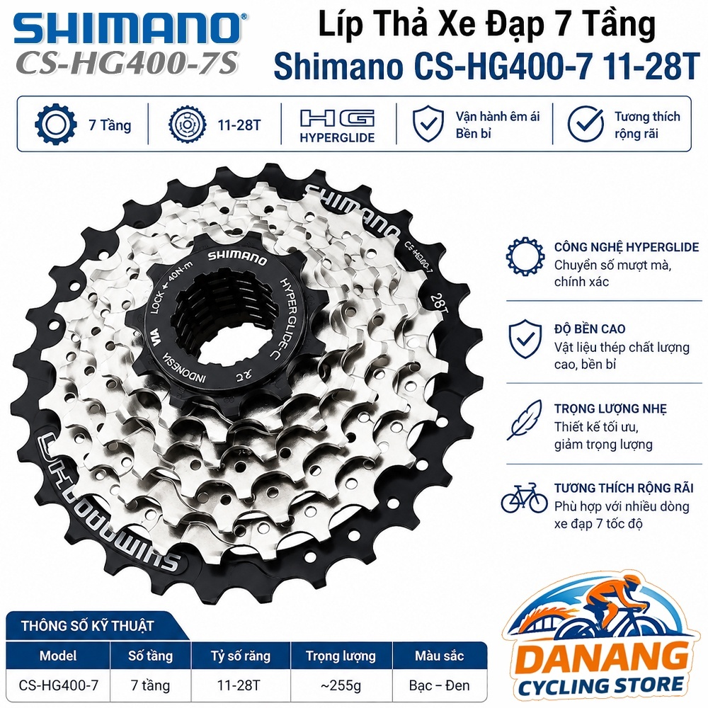 Líp Thả 7 Tầng (Cassette) Xe Đạp SHIMANO CS HG400 11-28T – Chính Hãng, Không Hộp