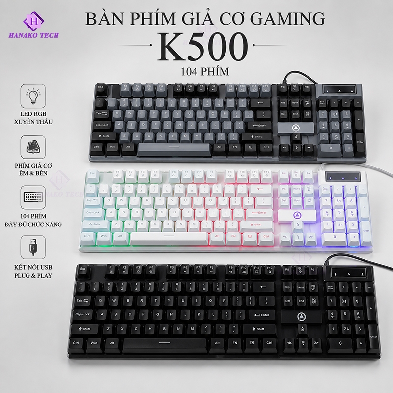 Bàn Phím Máy Tính Có Dây Giả Cơ Gaming 104 Phím Có LED Xuyên Thấu Phím K500