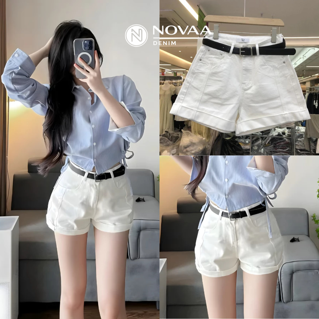 [TOP BÁN CHẠY ]Quần jean nữ ngắn NOVAA,quần đùi nữ cạp cao ống xắn gấu dáng chữ A màu trắng đen chất denim mềm tôn dáng