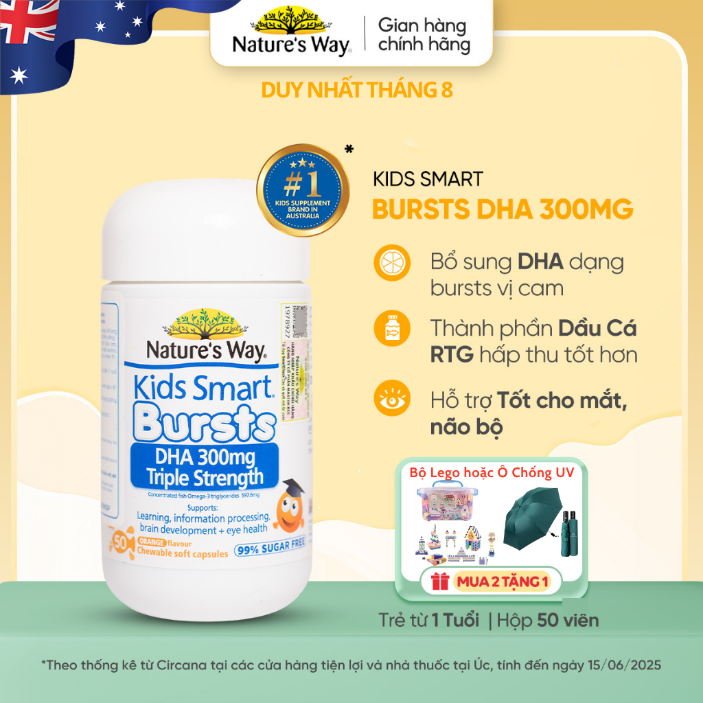 DHA 300mg Nature's Way Kids Smart Triple Strength Bổ Sung DHA Hàm Lượng Cao, Omega 3 RTG Cô Đặc Cho 