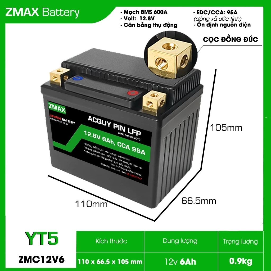 Bình Acquy ZMax Pin Lithium LifePO4 12V 6ah, ZMC12V6-YT5 Dùng Cho Xe Máy